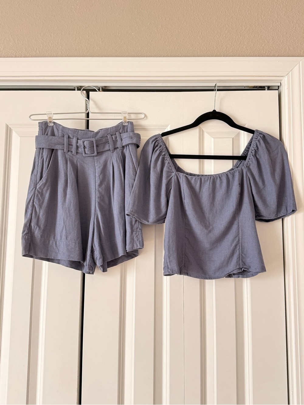 Abercrombie & Fitch Linen Blend Two Piece Top and Belted High Waist Shorts Set